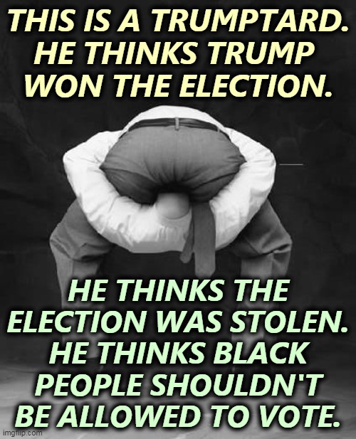 Stupid. Stupid. Stupid. | THIS IS A TRUMPTARD.
HE THINKS TRUMP 
WON THE ELECTION. HE THINKS THE ELECTION WAS STOLEN.
HE THINKS BLACK PEOPLE SHOULDN'T BE ALLOWED TO VOTE. | image tagged in trump,voters,idiots | made w/ Imgflip meme maker