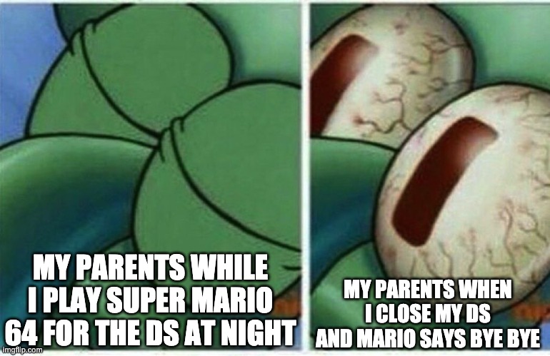 Squidward | MY PARENTS WHILE I PLAY SUPER MARIO 64 FOR THE DS AT NIGHT; MY PARENTS WHEN I CLOSE MY DS AND MARIO SAYS BYE BYE | image tagged in squidward | made w/ Imgflip meme maker