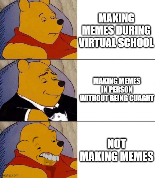 lol | MAKING MEMES DURING VIRTUAL SCHOOL; MAKING MEMES IN PERSON WITHOUT BEING CUAGHT; NOT MAKING MEMES | image tagged in best better blurst,memes | made w/ Imgflip meme maker