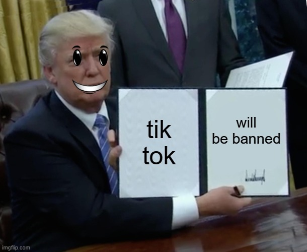 Trump Bill Signing | tik tok; will be banned | image tagged in memes,trump bill signing | made w/ Imgflip meme maker