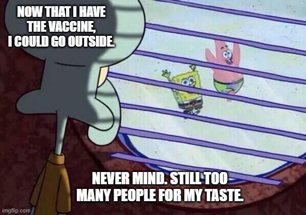 Vaccinated Introvert | NOW THAT I HAVE THE VACCINE, I COULD GO OUTSIDE. NEVER MIND. STILL TOO MANY PEOPLE FOR MY TASTE. | image tagged in squidward window | made w/ Imgflip meme maker