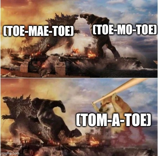 Tomato | (TOE-MAE-TOE); (TOE-MO-TOE); (TOM-A-TOE) | image tagged in king kong vs godzilla vs doge,tomato | made w/ Imgflip meme maker