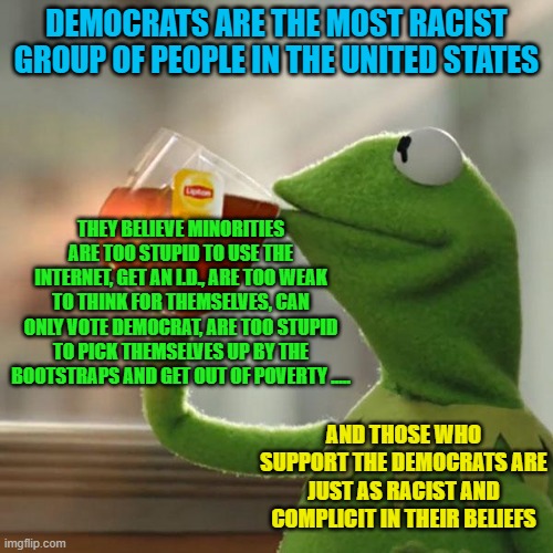 It really blows my mind that there are people who believe that this type of thinking isn't racist. Only stupid people think this | DEMOCRATS ARE THE MOST RACIST GROUP OF PEOPLE IN THE UNITED STATES; THEY BELIEVE MINORITIES ARE TOO STUPID TO USE THE INTERNET, GET AN I.D., ARE TOO WEAK TO THINK FOR THEMSELVES, CAN ONLY VOTE DEMOCRAT, ARE TOO STUPID TO PICK THEMSELVES UP BY THE BOOTSTRAPS AND GET OUT OF POVERTY ..... AND THOSE WHO SUPPORT THE DEMOCRATS ARE JUST AS RACIST AND COMPLICIT IN THEIR BELIEFS | image tagged in memes,but that's none of my business,kermit the frog | made w/ Imgflip meme maker