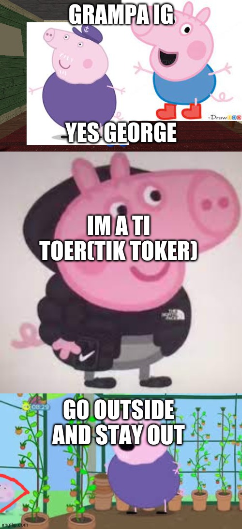 george a ti oker | GRAMPA IG; YES GEORGE; IM A TI TOER(TIK TOKER); GO OUTSIDE AND STAY OUT | image tagged in george piggy | made w/ Imgflip meme maker