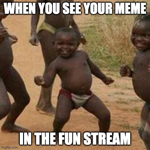 Third World Success Kid | WHEN YOU SEE YOUR MEME; IN THE FUN STREAM | image tagged in memes,third world success kid | made w/ Imgflip meme maker