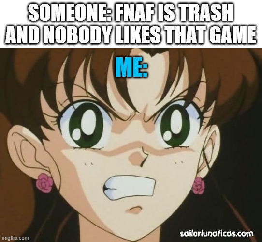 DIE FNAF HATER, DIE! | ME:; SOMEONE: FNAF IS TRASH AND NOBODY LIKES THAT GAME | image tagged in sailor moon lita is triggered | made w/ Imgflip meme maker