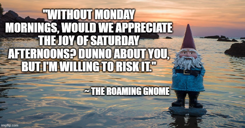 Mondays | "WITHOUT MONDAY MORNINGS, WOULD WE APPRECIATE THE JOY OF SATURDAY AFTERNOONS? DUNNO ABOUT YOU, BUT I'M WILLING TO RISK IT."; ~ THE ROAMING GNOME | image tagged in mondays,the roaming gnome,appreciate weekends | made w/ Imgflip meme maker