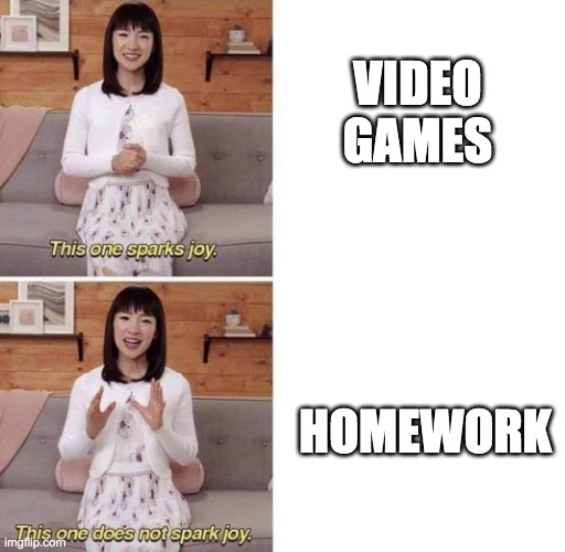Video Games vs Homework | VIDEO GAMES; HOMEWORK | image tagged in this one sparks joy | made w/ Imgflip meme maker