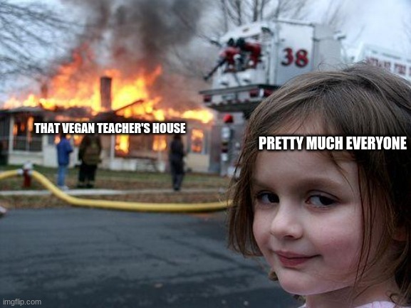 Yes, some people like her, and support, and defend her. Sorry if I made anyone looking at this mad, else you are that vegan teac | THAT VEGAN TEACHER'S HOUSE; PRETTY MUCH EVERYONE | image tagged in memes,disaster girl | made w/ Imgflip meme maker