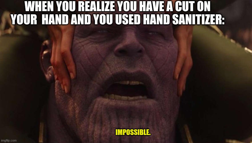 sanitizer |  WHEN YOU REALIZE YOU HAVE A CUT ON YOUR  HAND AND YOU USED HAND SANITIZER:; IMPOSSIBLE. | image tagged in thanos i had to | made w/ Imgflip meme maker