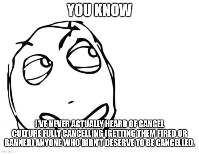 hmmm | YOU KNOW; I’VE NEVER ACTUALLY HEARD OF CANCEL CULTURE FULLY CANCELLING (GETTING THEM FIRED OR BANNED) ANYONE WHO DIDN’T DESERVE TO BE CANCELLED. | image tagged in hmmm | made w/ Imgflip meme maker