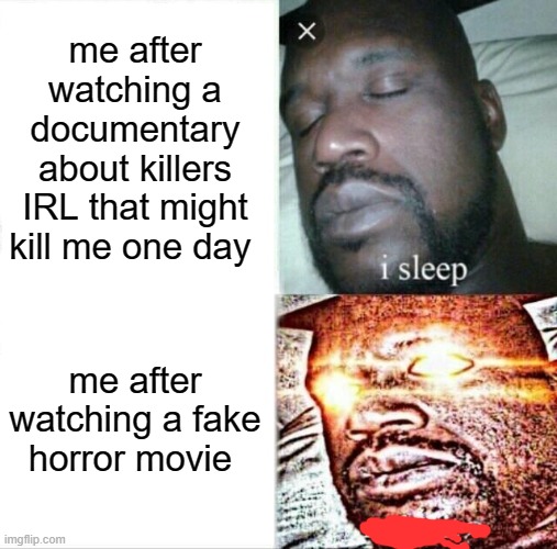 Sleeping Shaq Meme | me after watching a documentary about killers IRL that might kill me one day; me after watching a fake horror movie | image tagged in memes,sleeping shaq | made w/ Imgflip meme maker