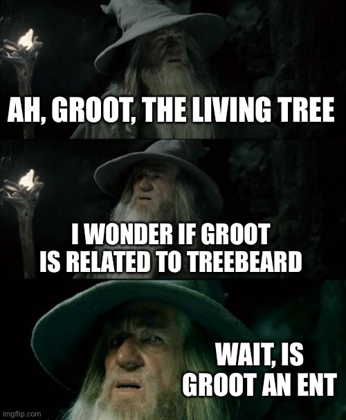 Confused Gandalf Meme | AH, GROOT, THE LIVING TREE; I WONDER IF GROOT IS RELATED TO TREEBEARD; WAIT, IS GROOT AN ENT | image tagged in memes,confused gandalf | made w/ Imgflip meme maker