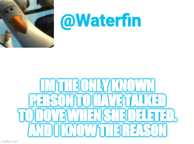 Waterfin Template | IM THE ONLY KNOWN PERSON TO HAVE TALKED TO DOVE WHEN SHE DELETED. AND I KNOW THE REASON | image tagged in waterfin template | made w/ Imgflip meme maker
