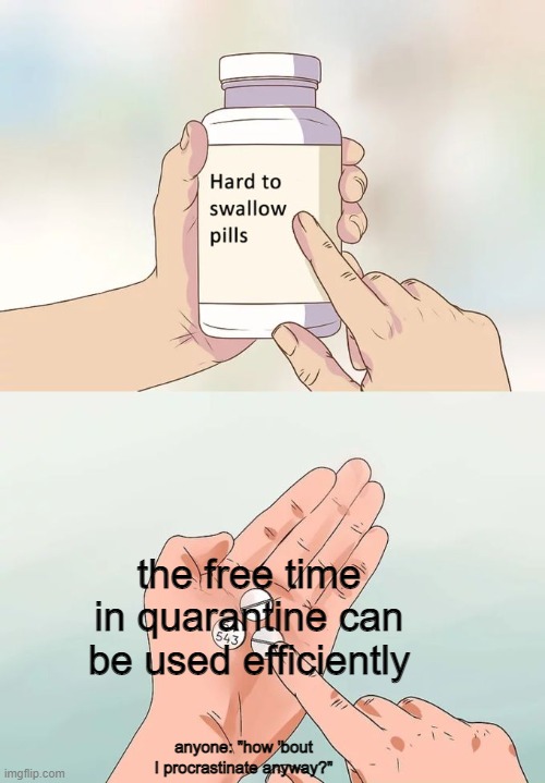 Hard To Swallow Pills Meme | the free time in quarantine can be used efficiently; anyone: "how 'bout I procrastinate anyway?" | image tagged in memes,hard to swallow pills | made w/ Imgflip meme maker