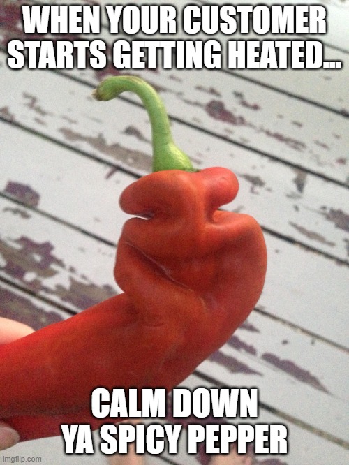 When customers get escalated | WHEN YOUR CUSTOMER STARTS GETTING HEATED... CALM DOWN YA SPICY PEPPER | image tagged in spicy pepper,customer service,angry customer,karen | made w/ Imgflip meme maker