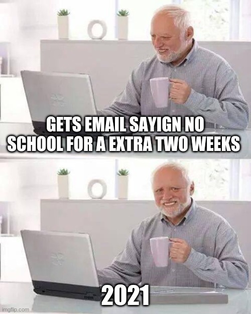 yay..... | GETS EMAIL SAYIGN NO SCHOOL FOR A EXTRA TWO WEEKS; 2021 | image tagged in memes,hide the pain harold | made w/ Imgflip meme maker