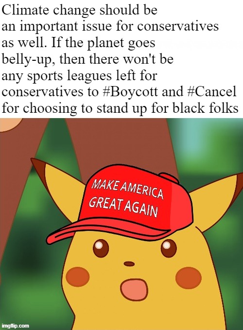The surprising connection between climate change and right-wing boycotts | Climate change should be an important issue for conservatives as well. If the planet goes belly-up, then there won't be any sports leagues left for conservatives to #Boycott and #Cancel for choosing to stand up for black folks | image tagged in maga surprised pikachu hq,climate change,global warming,surprised pikachu,nfl boycott,boycott | made w/ Imgflip meme maker