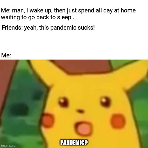 Any day yhat ends in "Y" | Me: man, I wake up, then just spend all day at home
waiting to go back to sleep . Friends: yeah, this pandemic sucks! Me:; PANDEMIC? | image tagged in memes,surprised pikachu,pandemic | made w/ Imgflip meme maker