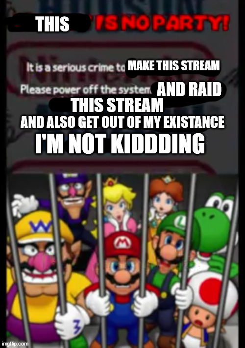 Mario Party DS Piracy Warning | THIS; MAKE THIS STREAM; AND RAID; THIS STREAM; I'M NOT KIDDDING; AND ALSO GET OUT OF MY EXISTANCE | image tagged in mario party ds piracy warning | made w/ Imgflip meme maker