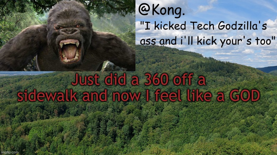 :D | Just did a 360 off a sidewalk and now I feel like a GOD | image tagged in kong 's temp | made w/ Imgflip meme maker