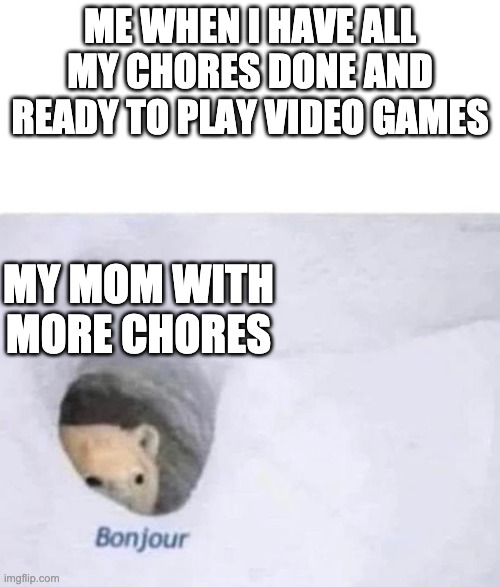 Bonjour | ME WHEN I HAVE ALL MY CHORES DONE AND READY TO PLAY VIDEO GAMES; MY MOM WITH MORE CHORES | image tagged in bonjour | made w/ Imgflip meme maker