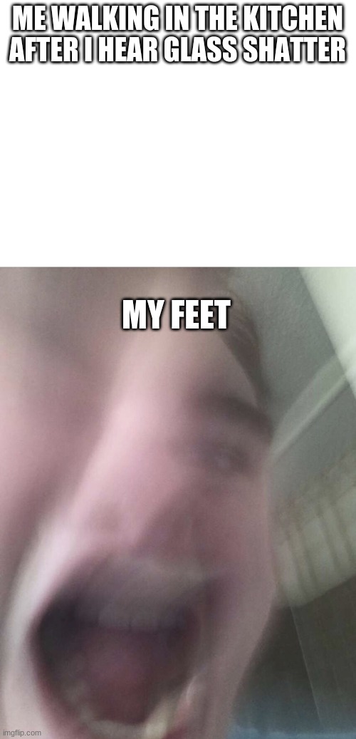 glass 1 feet 0 | ME WALKING IN THE KITCHEN AFTER I HEAR GLASS SHATTER; MY FEET | image tagged in blank white template,screaming face | made w/ Imgflip meme maker