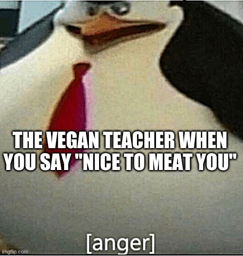 [anger] | THE VEGAN TEACHER WHEN YOU SAY "NICE TO MEAT YOU" | image tagged in anger | made w/ Imgflip meme maker