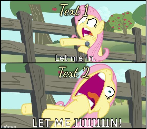 Fluttershy "Let Me In!" | Text 1; Text 2 | image tagged in fluttershy let me in,eric andre let me in meme,my little pony,memes,who killed hannibal | made w/ Imgflip meme maker