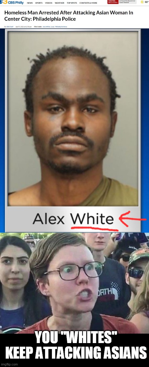 "white" guy did it | YOU "WHITES" KEEP ATTACKING ASIANS | image tagged in triggered liberal | made w/ Imgflip meme maker