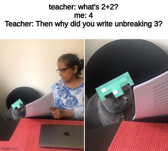 Image Title | teacher: what's 2+2?
me: 4
Teacher: Then why did you write unbreaking 3? | image tagged in woman showing paper to cat | made w/ Imgflip meme maker