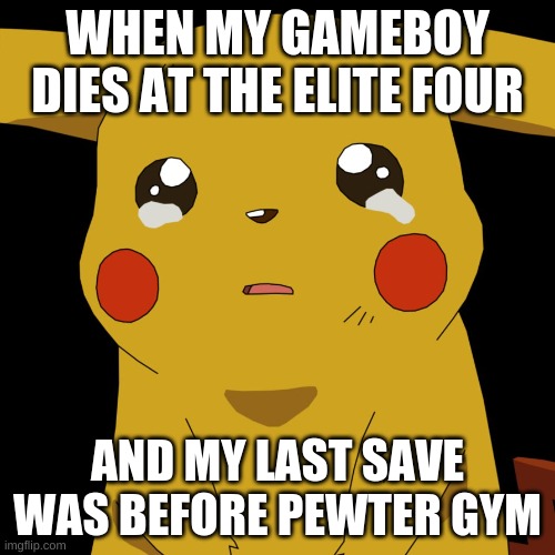 pokemon | WHEN MY GAMEBOY DIES AT THE ELITE FOUR; AND MY LAST SAVE WAS BEFORE PEWTER GYM | image tagged in pokemon | made w/ Imgflip meme maker