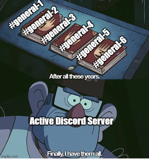 Discord Servers be like... | #general-2; #general-1; #general-3; #general-4; #general-5; #general-6; Active Discord Server | image tagged in finally i have them all | made w/ Imgflip meme maker