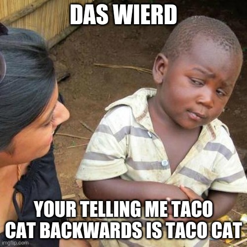 Third World Skeptical Kid | DAS WIERD; YOUR TELLING ME TACO CAT BACKWARDS IS TACO CAT | image tagged in memes,third world skeptical kid | made w/ Imgflip meme maker