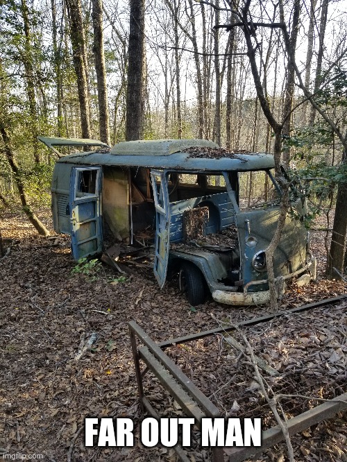 An old piece of history out in the woods on my hunting property | FAR OUT MAN | image tagged in far out,vw bus,wilderness | made w/ Imgflip meme maker