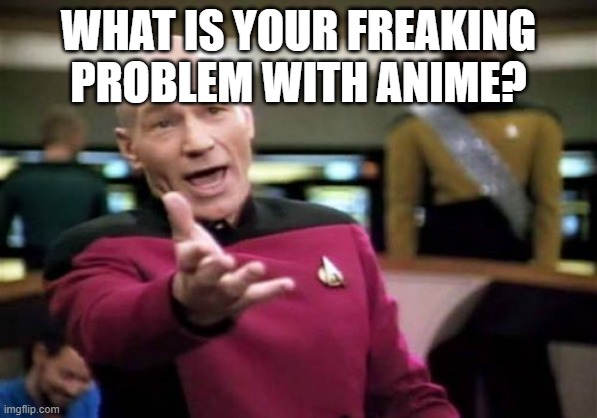 Picard Wtf Meme | WHAT IS YOUR FREAKING PROBLEM WITH ANIME? | image tagged in memes,picard wtf | made w/ Imgflip meme maker