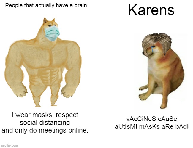 Buff Doge vs. Cheems Meme | People that actually have a brain; Karens; I wear masks, respect social distancing and only do meetings online. vAcCiNeS cAuSe aUtIsM! mAsKs aRe bAd! | image tagged in memes,buff doge vs cheems | made w/ Imgflip meme maker