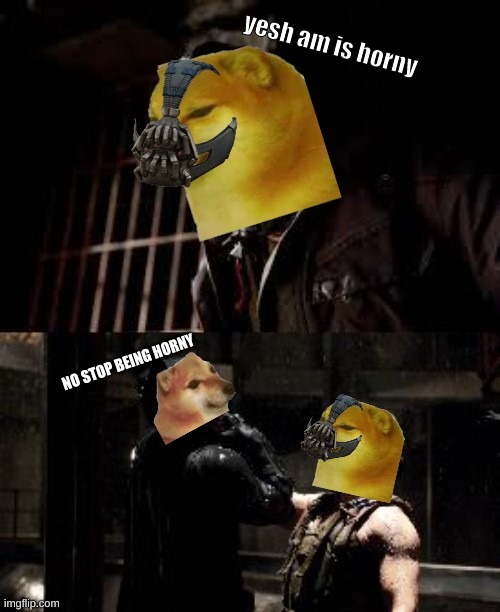 Horny Jail Doge Bane Batman | yesh am is horny; NO STOP BEING HORNY | image tagged in horny jail doge bane batman | made w/ Imgflip meme maker