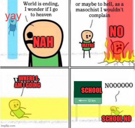 Guy goes to (insert text here) | yay; NO; NAH; MAYBE; WHERE I AM I GOING; SCHOOL; SCHOOL NO | image tagged in guy goes to insert text here | made w/ Imgflip meme maker