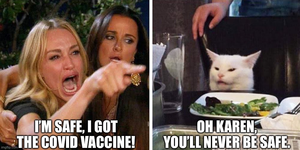 Smudge the cat | I’M SAFE, I GOT THE COVID VACCINE! OH KAREN, YOU’LL NEVER BE SAFE. | image tagged in smudge the cat | made w/ Imgflip meme maker