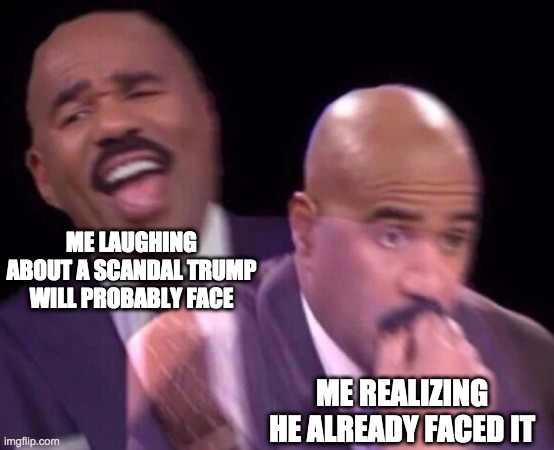 POLICTIJALJSDNFKJABSD,NF ASDMNF | ME LAUGHING ABOUT A SCANDAL TRUMP WILL PROBABLY FACE; ME REALIZING HE ALREADY FACED IT | image tagged in steve harvey laughing serious | made w/ Imgflip meme maker