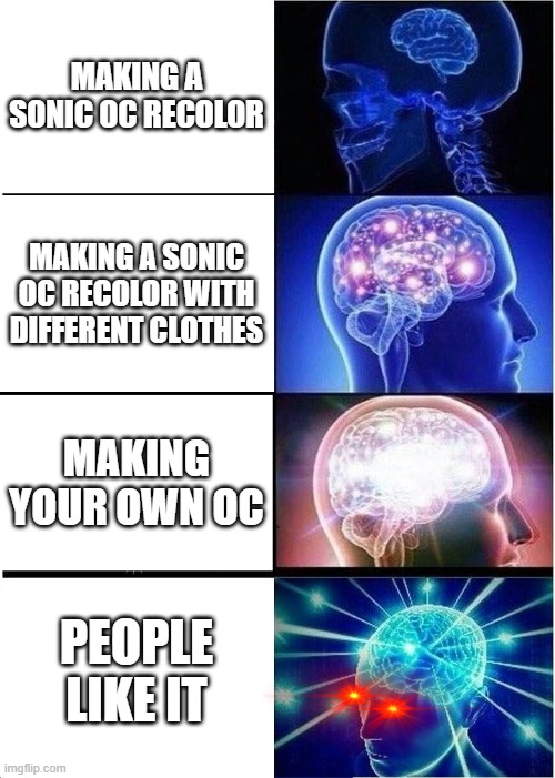 Expanding Brain | MAKING A SONIC OC RECOLOR; MAKING A SONIC OC RECOLOR WITH DIFFERENT CLOTHES; MAKING YOUR OWN OC; PEOPLE LIKE IT | image tagged in memes,expanding brain | made w/ Imgflip meme maker