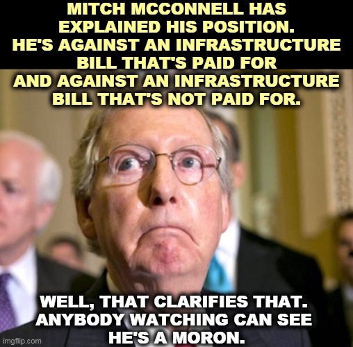 YOU MUST PROTECT THE RICH! THEY COME FIRST! | MITCH MCCONNELL HAS EXPLAINED HIS POSITION.
HE'S AGAINST AN INFRASTRUCTURE BILL THAT'S PAID FOR
AND AGAINST AN INFRASTRUCTURE BILL THAT'S NOT PAID FOR. WELL, THAT CLARIFIES THAT. 
ANYBODY WATCHING CAN SEE 
HE'S A MORON. | image tagged in mitch mcconnell,protection,rich,wealth,obstruction | made w/ Imgflip meme maker