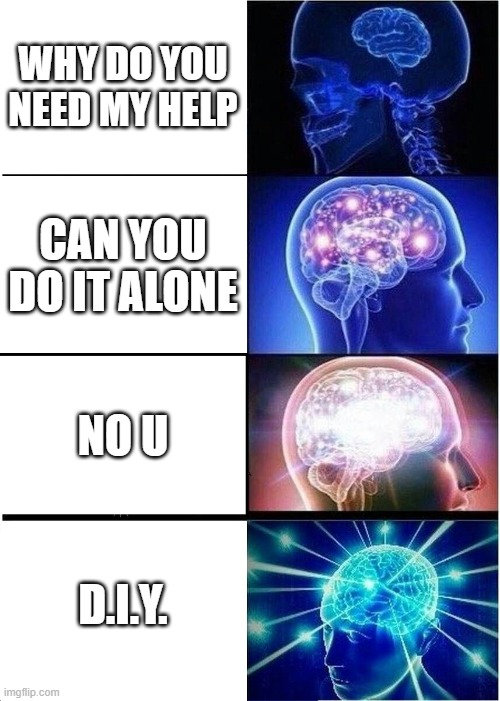 Expanding Brain | WHY DO YOU NEED MY HELP; CAN YOU DO IT ALONE; NO U; D.I.Y. | image tagged in memes,expanding brain | made w/ Imgflip meme maker
