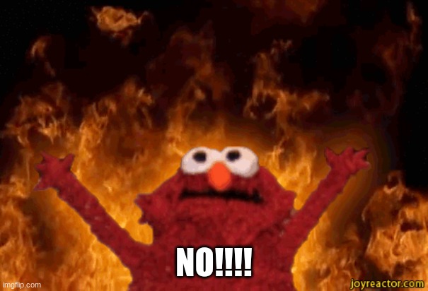 burning elmo | NO!!!! | image tagged in burning elmo | made w/ Imgflip meme maker