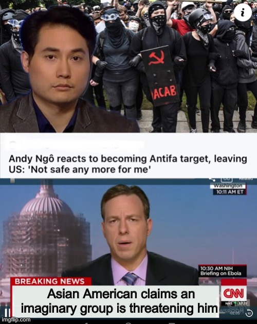 Biden says these guys are an idea | Asian American claims an imaginary group is threatening him | image tagged in cnn breaking news template,liberal logic,hypocrisy,fascist,memes | made w/ Imgflip meme maker