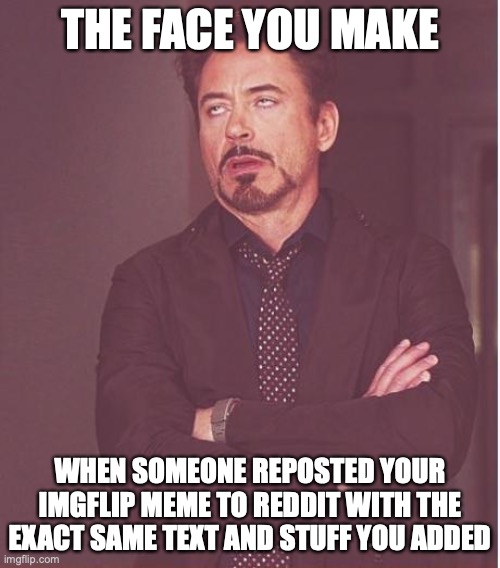 This didn't happen, and I don't use reddit lol. | THE FACE YOU MAKE; WHEN SOMEONE REPOSTED YOUR IMGFLIP MEME TO REDDIT WITH THE EXACT SAME TEXT AND STUFF YOU ADDED | image tagged in memes,face you make robert downey jr,reddit,imgflip,reposters,the face you make | made w/ Imgflip meme maker