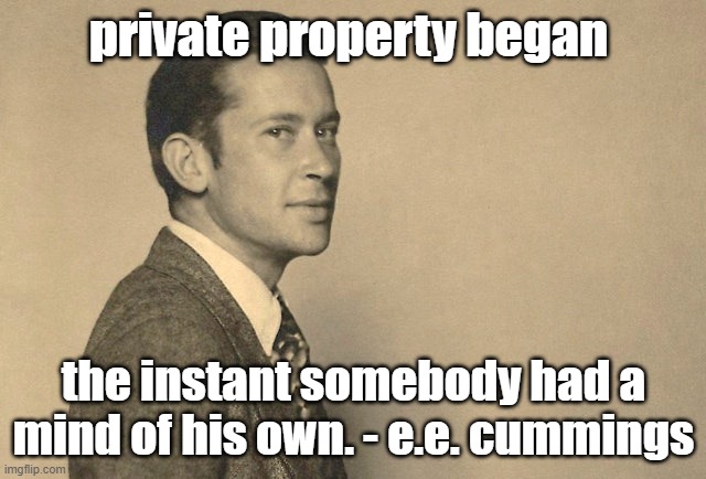 private property | private property began; the instant somebody had a mind of his own. - e.e. cummings | image tagged in poetry | made w/ Imgflip meme maker