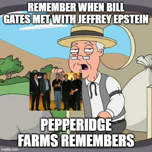 Gates and friends | REMEMBER WHEN BILL GATES MET WITH JEFFREY EPSTEIN; PEPPERIDGE FARMS REMEMBERS | image tagged in memes,pepperidge farm remembers | made w/ Imgflip meme maker