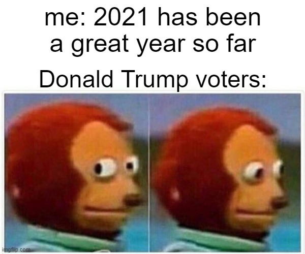 For me atleast | me: 2021 has been a great year so far; Donald Trump voters: | image tagged in memes,monkey puppet,donald trump,2021 | made w/ Imgflip meme maker